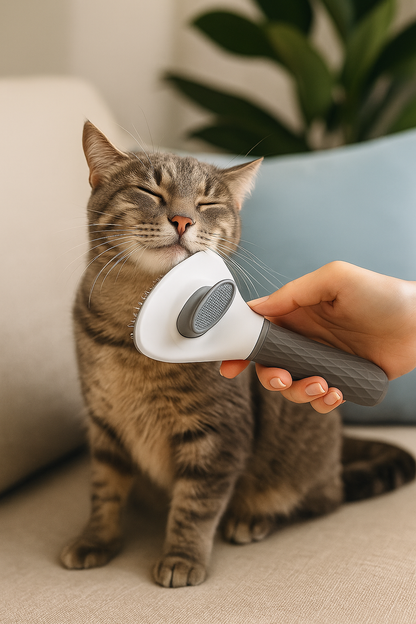 Cat being groomed with a handheld grooming tool by a person on a couch.