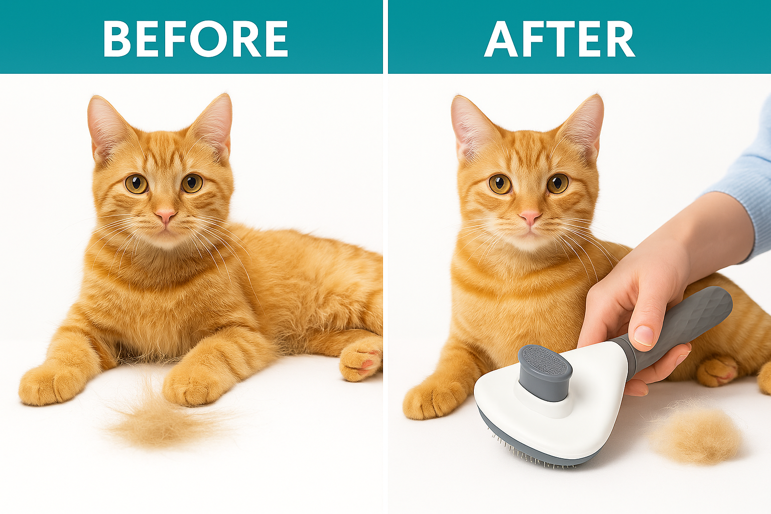 Before and after comparison of a cat being groomed with FurGroom Comb.