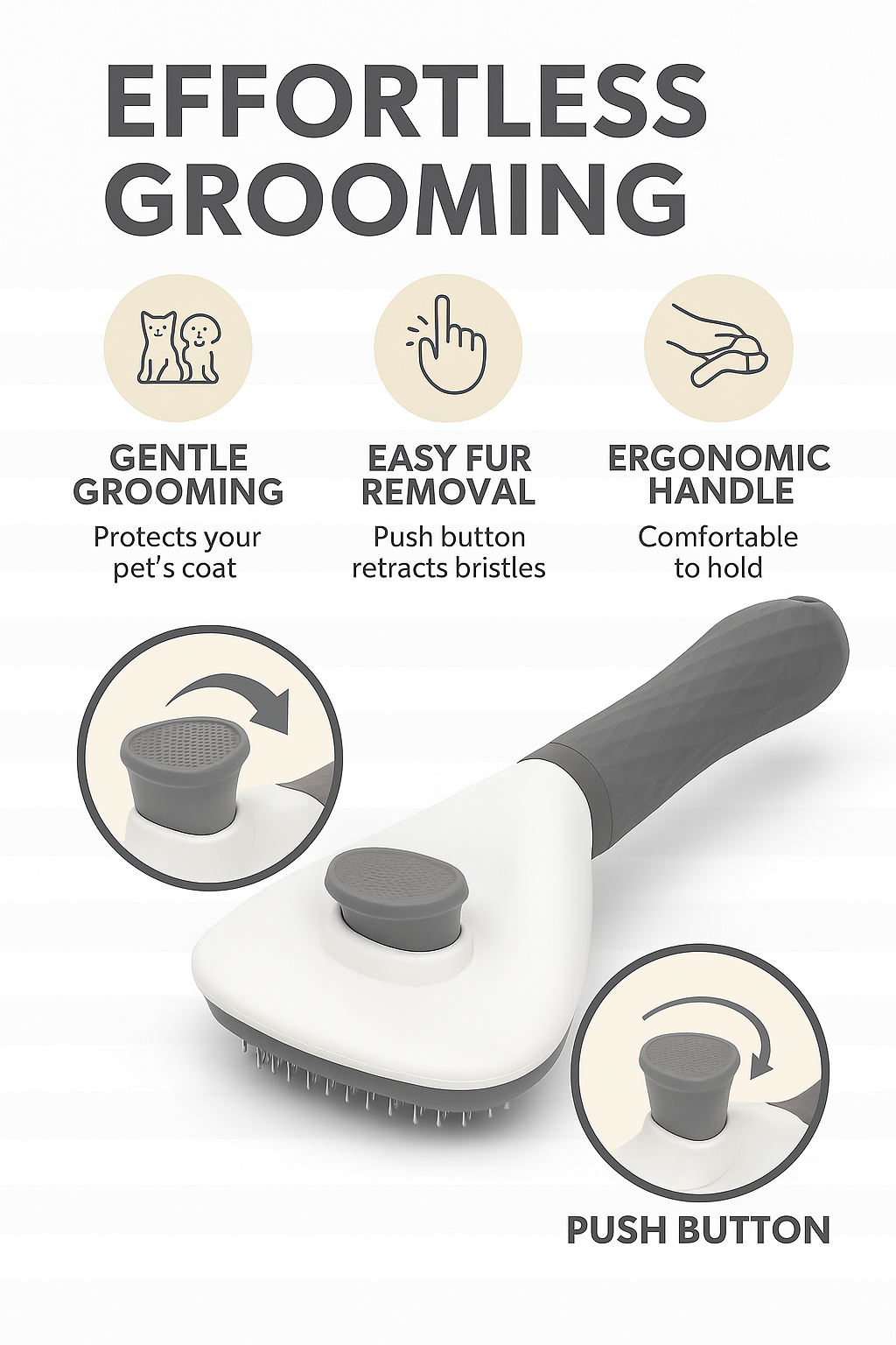 Pet grooming tool with features highlighted on a white background