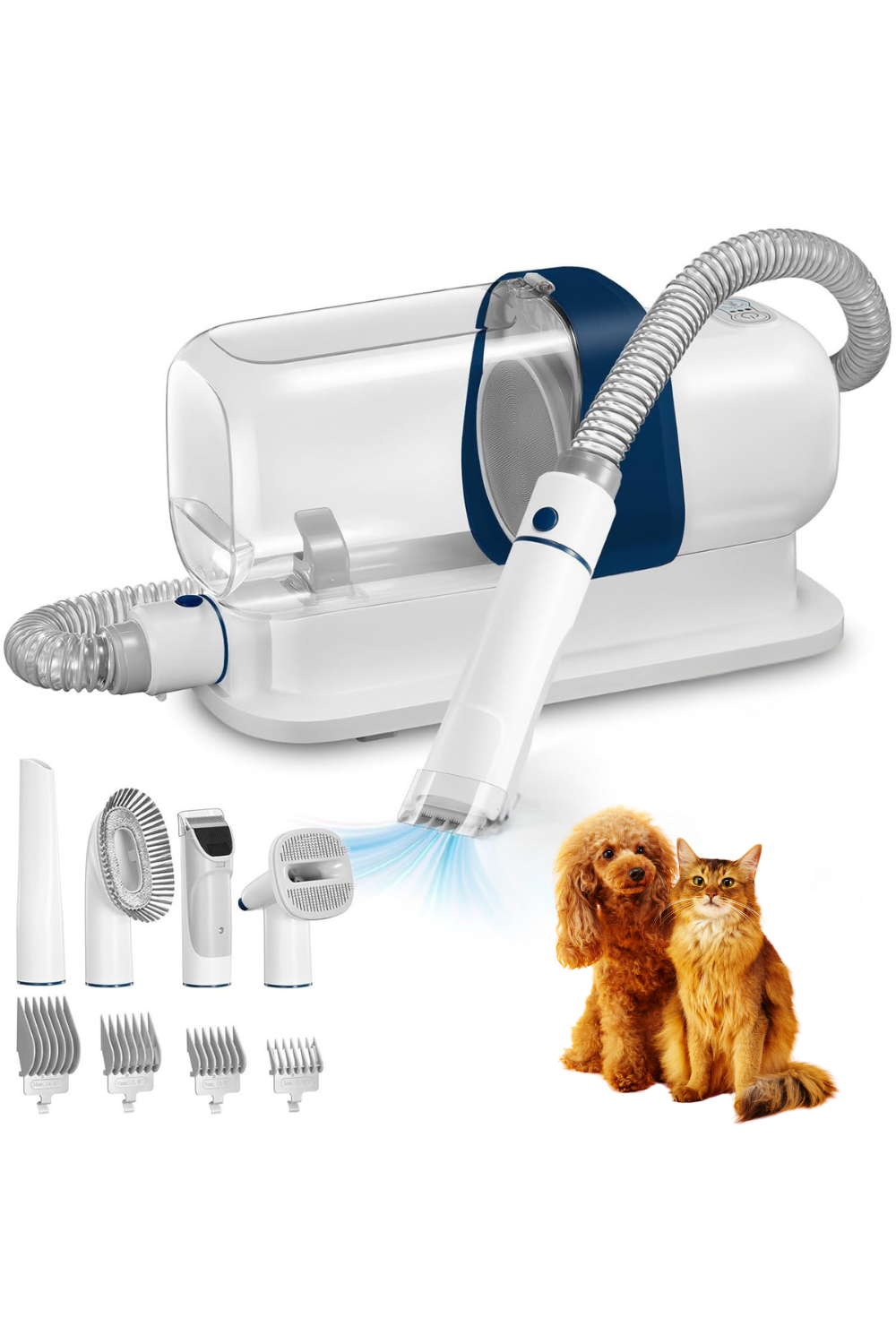 Pet grooming vacuum kit with hose, clippers, and multiple attachments shown next to a dog and cat