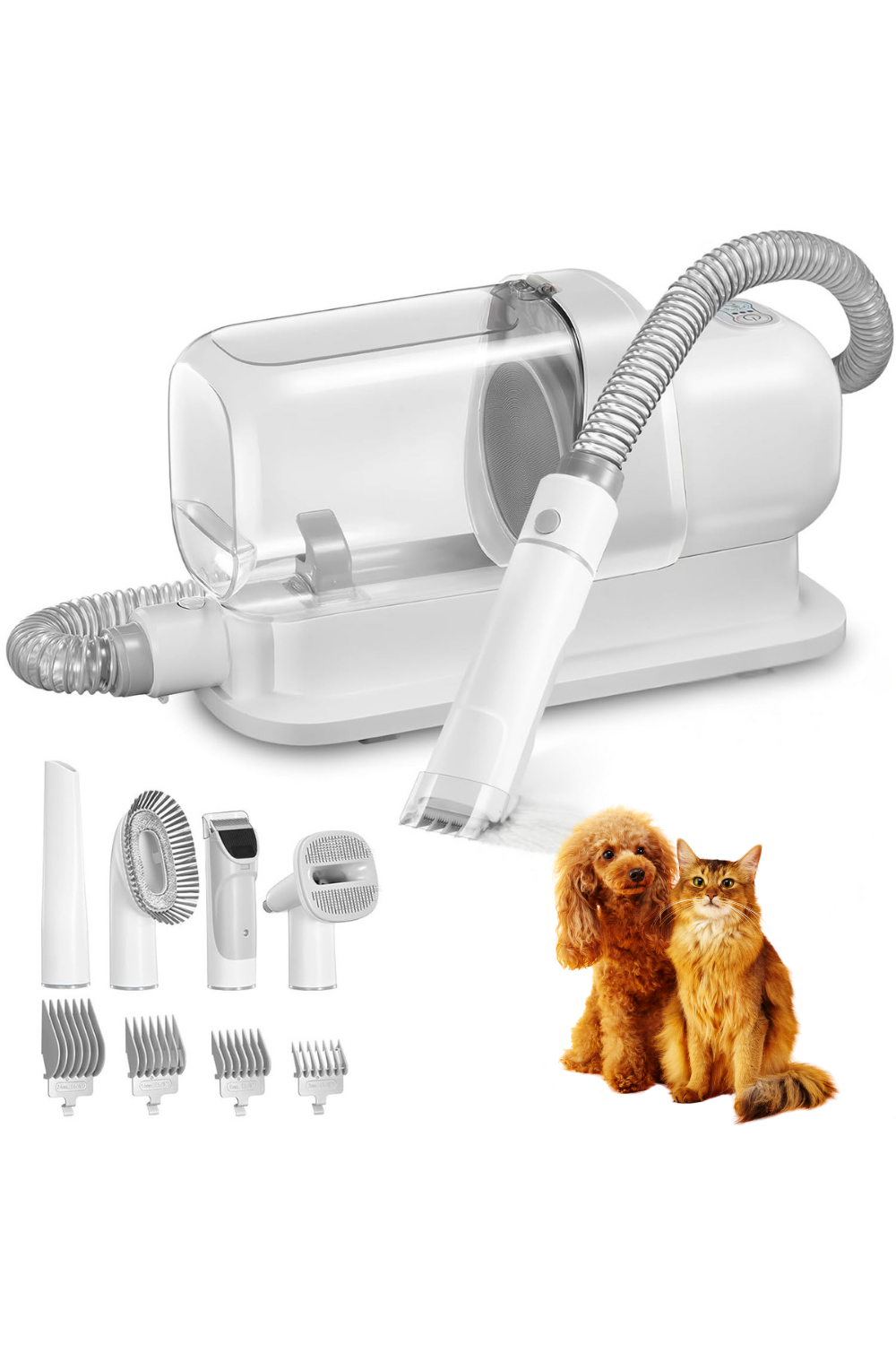Pet grooming vacuum kit with hose, clippers, and multiple attachments shown next to a dog and cat
