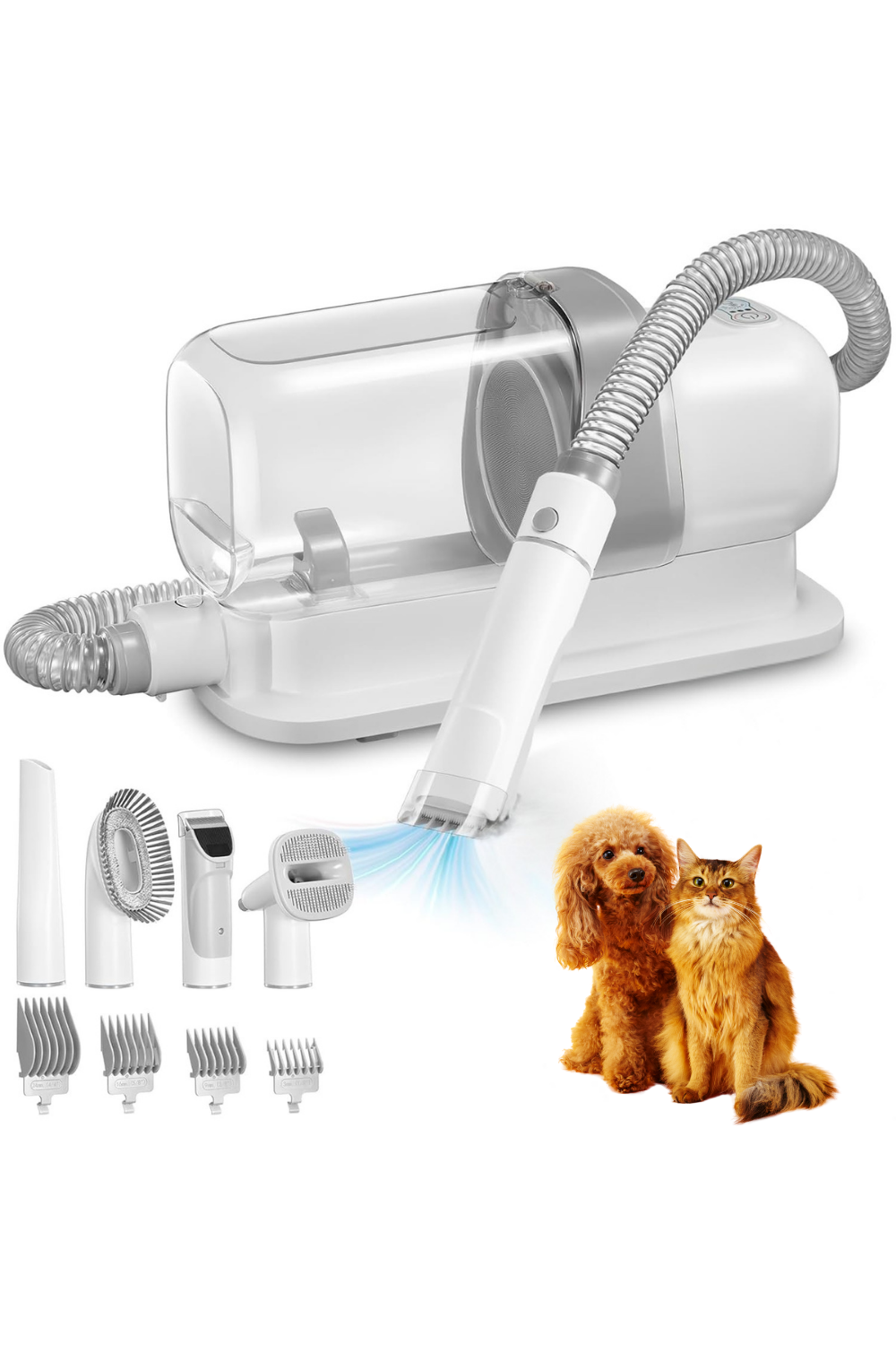 Pet grooming vacuum kit with hose, clippers, and multiple attachments shown next to a dog and cat